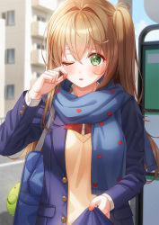 Rule 34 | 1girl, ;o, apartment, arm up, bad id, bad pixiv id, bag, beige vest, blue jacket, blue neckwear, blue sky, blush, bow, bowtie, brown hair, building, finger to eye, green eyes, hair ornament, heart, heart print, highres, jacket, jacket tug, long hair, long sleeves, looking at viewer, one eye closed, open clothes, open jacket, open mouth, original, outdoors, pocket, pov, red neckwear, scarf, school bag, school uniform, side ponytail, sky, stuffed toy, tears, teeth, tug, unjem, upper body, upper teeth only, vest, wiping tears