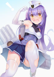 Rule 34 | 1girl, @ @, armpits, azur lane, blush, breasts, commentary request, detached sleeves, dewey (azur lane), garrison cap, hat, highres, koikeya, open mouth, purple hair, simple background, sleeveless, small breasts, solo, thighhighs, torn clothes, torn thighhighs, torpedo tubes, white hat, yellow eyes
