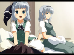 Rule 34 | 2girls, aged up, ascot, bed, bloomers, blue hair, dual persona, female focus, hairband, konpaku youmu, letterboxed, light smile, multiple girls, open mouth, pillow, shin&#039;ya (nanp), short hair, silver hair, sitting, sitting on person, smile, touhou, underwear
