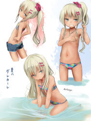 Rule 34 | 1girl, akino shuu, bikini, bikini tan, blonde hair, blue shorts, blush, bow, collarbone, commentary request, denim, denim shorts, flat chest, grecale (kancolle), green eyes, grin, hair bow, jewelry, kantai collection, long hair, multiple views, navel, necklace, official alternate costume, one side up, pink bow, shorts, smile, solo, swimsuit, tan, tanline, topless, translation request, twitter username
