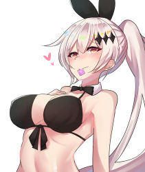 Rule 34 | 1girl, bare shoulders, bikini, black bikini, black ribbon, blush, bow, breast suppress, breasts, brown eyes, cleavage, closed mouth, collarbone, condom, condom in mouth, condom wrapper, detached collar, five-seven (cruise queen) (girls&#039; frontline), five-seven (girls&#039; frontline), girls&#039; frontline, hair between eyes, hair ornament, hair ribbon, halterneck, highres, jewelry, large breasts, long hair, looking at viewer, meow nyang, mouth hold, official alternate costume, ponytail, ribbon, sidelocks, silver hair, simple background, smile, solo, swimsuit, upper body, very long hair