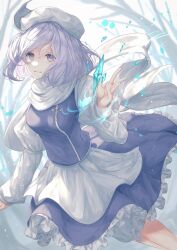 Rule 34 | 1girl, absurdres, bare tree, bloom, bloomers, blue dress, breasts, closed mouth, dress, feet out of frame, grey hair, hand up, hat, highres, ice crystal, letty whiterock, light smile, long sleeves, medium breasts, medium hair, petticoat, puffy sleeves, scarf, short hair, sidelighting, snowing, solo, toku kekakewanko, touhou, tree, underwear, white hat, white scarf
