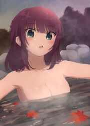 Rule 34 | 1girl, :o, angel beats!, autumn leaves, blunt bangs, blush, breasts, cleavage, collarbone, commentary request, completely nude, dusk, eyes visible through hair, green eyes, hair down, highres, leaf, leaf on liquid, lelie (lelie link), looking at viewer, maple leaf, medium breasts, medium hair, nakamura yuri, nude, onsen, open mouth, outdoors, partially submerged, purple hair, rock, sidelocks, solo, steam, straight hair, upper body