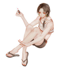 Rule 34 | 10s, 1boy, applying manicure, brown hair, bugni, crop top, earrings, feet, full body, girly boy, highres, jewelry, kashuu kiyomitsu, legs, male focus, mole, mole under mouth, nail polish, painting nails, ponytail, red eyes, red nails, sandals, shorts, simple background, smile, solo, toenail polish, toenails, toes, touken ranbu, white background