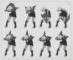 Rule 34 | 1girl, briar (league of legends), chain, chained, commentary, concept art, english commentary, full body, grey background, greyscale, hair between eyes, league of legends, looking at viewer, medium hair, monochrome, official art, open mouth, pointy ears, sharp teeth, sidelocks, simple background, smile, standing, stirrup legwear, teeth, toeless legwear, vampire, wrist cuffs