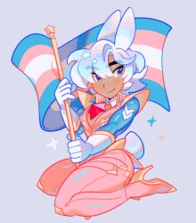 Rule 34 | 1boy, animal ears, blue eyes, commentary, constellor, flag, gloves, high heels, highres, holding, holding flag, karo valentine, male focus, original, pants, pink pants, purple hair, rabbit boy, rabbit ears, rabbit tail, shoulder pads, sitting, solo, tail, thick eyebrows, transgender flag, wariza, white gloves