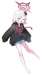 Rule 34 | 1girl, absurdres, alternate hair length, alternate hairstyle, barefoot, black hoodie, blue archive, blue shorts, blush, closed eyes, full body, grey hair, halo, highres, honi (honi1010), hood, hood down, hoodie, long sleeves, mutsuki (blue archive), open mouth, pointy ears, red halo, short hair, shorts, simple background, smile, solo, white background