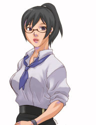 Rule 34 | 1girl, bad id, bad pixiv id, black hair, breasts, brown eyes, glasses, holon, lips, lipstick, loose necktie, makeup, necktie, office lady, ponytail, real drive, shirt, simple background, skirt, sleeves rolled up, solo, watch, white background, yukinari, yukinari (capriciex)