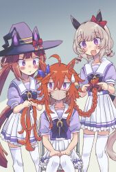 Rule 34 | 3girls, :t, adjusting another&#039;s hair, ahoge, alternate hairstyle, blush stickers, bow, bowtie, braid, braiding hair, bright pupils, brown hair, chair, collarbone, commentary request, cowboy shot, curren chan (umamusume), ear bow, ear covers, hair between eyes, hair bow, hairdressing, hat, hat bow, highres, horse tail, long hair, mask, messy hair, mouth mask, multiple girls, orange hair, orfevre (umamusume) (old design), pleated skirt, pout, puffy short sleeves, puffy sleeves, purple bow, purple bowtie, purple eyes, purple shirt, red bow, sailor collar, school uniform, shirt, short hair, short sleeves, short twintails, sidelocks, sitting, sketch, skirt, summer uniform, sweatdrop, sweep tosho (umamusume), tail, taisa (h68533631), thighhighs, tracen school uniform, trimmed tail, twin braids, twintails, umamusume, white sailor collar, white skirt, white thighhighs, witch hat