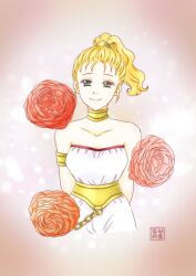 Rule 34 | 1girl, bare shoulders, blonde hair, chrono trigger, closed mouth, collarbone, double lune, flower, highres, jewelry, long hair, looking at viewer, marle (chrono trigger), ponytail, red flower, red rose, rose, smile, solo