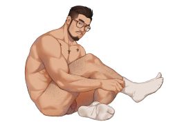 Rule 34 | 1boy, absurdres, bara, beard, brown-framed eyewear, brown hair, commission, completely nude, facial hair, feet, flaccid, full body, highres, koji (wildlhz), looking at viewer, male focus, mature male, muscular, muscular male, nude, original, pectorals, penis, penis peek, short hair, simple background, sitting, soles, solo, thick thighs, thighs, uncensored, undercut, white background