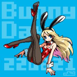 Rule 34 | 1girl, animal ears, blonde hair, blue background, blue eyes, bow, bowtie, bunny day, closed mouth, detached collar, fake animal ears, fishnet pantyhose, fishnets, high heels, leotard, long hair, long legs, mabius, nail polish, original, pantyhose, pixel art, playboy bunny, rabbit ears, red bow, red bowtie, red footwear, red leotard, solo, strapless, strapless leotard, wrist cuffs