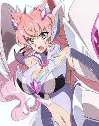 Rule 34 | 1girl, blue eyes, breasts, cleavage, cleavage cutout, clothing cutout, collarbone, elbow gloves, gloves, hair ears, highres, kanaden, large breasts, leotard, maria cadenzavna eve, navel, open mouth, pink hair, purple gloves, senki zesshou symphogear, solo, stomach cutout, v-shaped eyebrows, white background