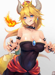 Rule 34 | 1girl, :q, armlet, bad id, bad pixiv id, bare shoulders, black dress, blonde hair, blue eyes, bowsette, bracelet, breasts, breath weapon, breathing fire, cleavage, collar, collarbone, commentary request, dress, earrings, fingernails, fire, gradient background, grey background, highres, horns, jewelry, large breasts, long hair, looking at viewer, mario (series), new super mario bros. u deluxe, nintendo, pointy ears, sharp fingernails, solo, spiked armlet, spiked bracelet, spiked collar, spiked tail, spikes, super crown, tail, tongue, tongue out, white background, yukihama