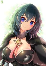 Rule 34 | 1girl, armor, artist logo, artist name, between breasts, black cape, blue eyes, blue hair, breasts, byleth (female) (fire emblem), byleth (fire emblem), cape, chinchongcha, cleavage, closed mouth, commentary, detached collar, dot nose, english commentary, fire emblem, fire emblem: three houses, hair between eyes, head tilt, highres, large breasts, light blush, light particles, looking at viewer, medallion, medium hair, nintendo, purple eyes, rainbow gradient, shoulder armor, smile, solo, sparkle, upper body