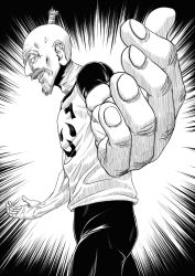 Rule 34 | 1boy, beard, emphasis lines, facial hair, foreshortening, from side, greyscale, hisshamaru, hunter x hunter, isaac netero, male focus, monochrome, old, old man, outstretched arms, ponytail, shirt, solo, t-shirt
