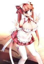 Rule 34 | 1girl, :p, absurdres, animal ears, bare shoulders, borrowed character, breasts, brown eyes, cat ears, cleavage, highres, huatu jiang, large breasts, leg ribbon, long hair, maid, original, red hair, ribbon, solo, thigh ribbon, thighhighs, tongue, tongue out, very long hair, vrco, white thighhighs