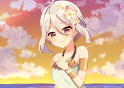 Rule 34 | 1girl, antenna hair, bare shoulders, blush, closed mouth, cloud, cloudy sky, collarbone, commentary request, fingernails, flower, green one-piece swimsuit, hair between eyes, hair flower, hair ornament, halterneck, hand up, highres, horizon, kokkoro (princess connect!), kokkoro (summer) (princess connect!), ocean, one-piece swimsuit, pink flower, pointy ears, princess connect!, red eyes, silver hair, sky, smile, solo, suzu (minagi), swimsuit, upper body, water, yellow flower