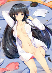 Rule 34 | 1girl, absurdres, aquaplus, black hair, blue eyes, blush, breasts, cleavage, closed mouth, clothing aside, collarbone, gradient eyes, gradient hair, highres, knee up, large breasts, light particles, lmoe, long hair, long sleeves, looking at viewer, lying, midriff, multicolored eyes, multicolored hair, on back, open clothes, open shirt, panties, panties aside, pen, raised eyebrows, red panties, sheet music, shiny skin, shirt, sidelocks, solo, toned, toned female, touma kazusa, underwear, variations, very long hair, white album, white album (series), white album 2, white shirt