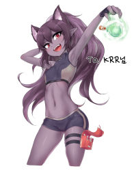 Rule 34 | 1girl, :d, animal ears, armpits, arms up, bad id, bad pixiv id, beruko14, bike shorts, black gloves, blush, bottle, breasts, brown kemomimi-chan (krr), cat ears, colored skin, contrapposto, cowboy shot, crop top, cropped legs, foreshortening, gloves, gluteal fold, halterneck, hand in own hair, highres, long hair, looking at viewer, nail polish, navel, open mouth, original, outstretched arm, pointy ears, pouch, purple hair, purple nails, purple skin, red eyes, simple background, sleeveless, small breasts, smile, solo, standing, stomach, teeth, thigh pouch, thigh strap, tsurime, very long hair, white background