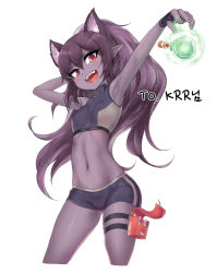 1girl :d animal_ears armpits arms_up bad_id bad_pixiv_id beruko14 bike_shorts black_gloves blush bottle breasts brown_kemomimi-chan_(krr) cat_ears colored_skin contrapposto cowboy_shot crop_top cropped_legs female_focus foreshortening gloves gluteal_fold halterneck hand_in_own_hair highres long_hair looking_at_viewer nail_polish navel open_mouth original outstretched_arm pointy_ears pouch purple_hair purple_nails purple_skin red_eyes simple_background sleeveless small_breasts smile solo standing stomach teeth thigh_pouch thigh_strap tsurime very_long_hair white_background