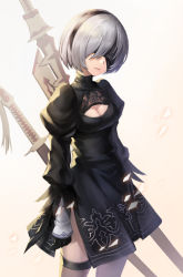 Rule 34 | 1girl, bad id, bad pixiv id, black dress, black hairband, black thighhighs, blindfold, cleavage cutout, clothing cutout, covered eyes, cowboy shot, dress, feather-trimmed sleeves, gustav cho, hairband, juliet sleeves, katana, leotard, long sleeves, mole, mole under mouth, nier (series), nier:automata, print dress, puffy sleeves, silver hair, solo, standing, sword, tassel, thighhighs, weapon, weapon on back, white leotard, 2b (nier:automata)