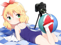 Rule 34 | 1girl, ass, bad id, bad pixiv id, ball, bare shoulders, beachball, blue one-piece swimsuit, blush, camera, child, closed mouth, competition school swimsuit, feet on toy, green eyes, hair between eyes, hair ribbon, head tilt, highres, holding with feet, idolmaster, idolmaster cinderella girls, legs up, long hair, looking at viewer, looking to the side, lying, noria, on stomach, one-piece swimsuit, red ribbon, ribbon, sakurai momoka, school swimsuit, see-through, shoes, socks, solo, swimsuit, tile floor, tiles, transparent, uwabaki, wet, white background, white footwear, white socks