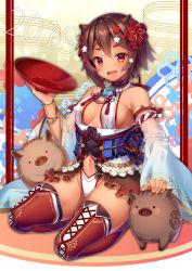 Rule 34 | 1girl, 2019, :d, alcohol, animal, animal ears, armpit crease, bare shoulders, blush, blush stickers, bracelet, breasts, breasts apart, brown hair, brown thighhighs, chinese zodiac, cleavage, cleavage cutout, clothing cutout, commentary request, cup, dark-skinned female, dark skin, detached sleeves, eyeshadow, fangs, flower, frills, groin, hair between eyes, hair flower, hair ornament, hand up, holding, jewelry, long sleeves, looking at viewer, makeup, matatabi maru, medium breasts, navel, open mouth, original, petting, pig, red eyes, red flower, revealing clothes, sakazuki, sake, see-through, seiza, short hair, sideboob, sidelocks, sitting, skindentation, smile, solo, thick eyebrows, thighhighs, thighs, underbust, wide sleeves, year of the pig