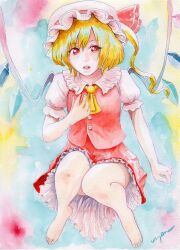 Rule 34 | 1girl, artist name, ascot, barefoot, blonde hair, breasts, crystal, flandre scarlet, frilled skirt, frills, full body, hat, looking at viewer, mob cap, multicolored wings, open mouth, painting (medium), puffy short sleeves, puffy sleeves, red eyes, red ribbon, red skirt, red vest, ribbon, ribbon-trimmed headwear, ribbon trim, shirt, short sleeves, skirt, skirt set, sleeve ribbon, small breasts, solo, teeth, thighs, touhou, traditional media, upper teeth only, uryan!, vest, watercolor (medium), white hat, white shirt, wings, yellow ascot