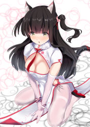 Rule 34 | 1girl, alternate costume, animal ears, azur lane, black hair, blush, breasts, cat ears, china dress, chinese clothes, cleavage, cleavage cutout, clothing cutout, commentary request, covered erect nipples, detached sleeves, dress, full body, hair ornament, highres, long hair, looking at viewer, medium breasts, pantyhose, sandals, schreibe shura, simple background, sitting, solo, white pantyhose, yellow eyes, yuugure (azur lane), yuugure (twilight blossom) (azur lane)