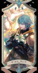 Rule 34 | 1boy, angel wings, armor, belt, black border, black gloves, blue hair, border, card (medium), chainmail, cherub, closed eyes, commentary, cowboy shot, earclip, elezen, elf, english commentary, final fantasy, final fantasy xiv, flower, from side, gloves, hair between eyes, halo, hands on own chest, haurchefant greystone, highres, holding, holding flower, jingjue de yumiao, male focus, own hands together, pauldrons, pointy ears, short hair, shoulder armor, smile, solo, tarot, tarot (medium), the sun (tarot), white flower, wings