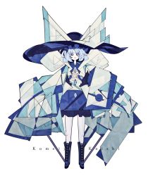 Rule 34 | 1girl, absurdres, adapted costume, blue eyes, boots, bow, buttons, cubism, geometric pattern, grey hair, harano kaguyama, hat, hat bow, heart, highres, knee boots, komeiji koishi, large bow, large hat, looking at viewer, miniskirt, short hair, skirt, smile, solo, standing, third eye, touhou, very long sleeves, white background, wide sleeves