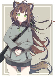Rule 34 | 1girl, ahoge, animal ear fluff, animal ears, bag, brown hair, closed mouth, commentary request, commission, daidai ookami, drawstring, fox ears, fox girl, fox tail, green eyes, grey background, grey hoodie, highres, hood, hood down, hoodie, long hair, long sleeves, looking at viewer, original, own hands together, pixiv commission, puffy long sleeves, puffy sleeves, shoulder bag, sleeves past wrists, smile, solo, standing, tail, two-tone background, very long hair, white background