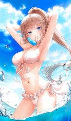 Rule 34 | 1girl, 723/nanahumi, armpits, arms behind head, arms up, bare arms, bare shoulders, bikini, blue eyes, blue sky, blunt bangs, blush, breasts, brown hair, cleavage, closed mouth, cloud, cloudy sky, collarbone, commentary, contrapposto, cowboy shot, day, eyelashes, floating hair, frilled bikini, frills, front-tie bikini top, front-tie top, groin, hair tie, hair tie in mouth, halterneck, high ponytail, highres, in water, large breasts, long hair, looking at viewer, mouth hold, navel, ocean, original, outdoors, partially submerged, partially unzipped, ponytail, revision, side-tie bikini bottom, sidelocks, sky, solo, standing, stomach, swimsuit, very long hair, wading, water, water drop, wet, white bikini