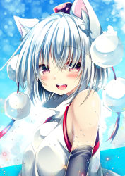 Rule 34 | 1girl, :d, animal ears, bare shoulders, black sleeves, blue sky, cloud, cloudy sky, detached sleeves, highres, hikanyan, inubashiri momiji, looking at viewer, open mouth, outdoors, pom pom (clothes), red eyes, shirt, short hair, sky, sleeveless, sleeveless shirt, smile, solo, touhou, white hair, white shirt, wolf ears, wolf girl