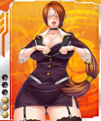 Rule 34 | 00s, 1girl, blush, bracelet, breasts, brown hair, card (hr), card (medium), card (orange-hr), choker, cleavage, female focus, garter straps, glasses, jewelry, large breasts, lilith-soft, long hair, looking at viewer, nobushito kuro, ponytail, rosa hamilton, solo, taimanin (series), taimanin asagi, taimanin asagi battle arena all card gallery, taimanin asagi kessen arena, teacher, thighhighs, tongue, tongue out, uniform, very long hair