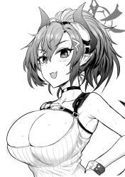 1girl :d ahoge armpits bare_arms black_choker blue_archive blush breasts chest_harness choker cleavage demon_horns demon_tail fang goggles goggles_on_head greyscale hair_between_eyes hair_ornament hairclip halo hand_on_own_hip harness highres horns ichigain large_breasts looking_at_viewer megu_(blue_archive) monochrome open_mouth pointy_ears ponytail ribbed_tank_top short_hair smile solo sweat tail upper_body wrist_cuffs