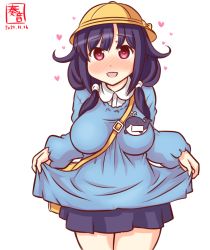Rule 34 | 1girl, alternate costume, animal print, artist logo, bag, blue shirt, blue skirt, blush, breasts, collared shirt, dated, fish print, hair flaps, hat, heart, heart-shaped pupils, kanon (kurogane knights), kantai collection, kindergarten bag, kindergarten uniform, large breasts, long sleeves, low twintails, name tag, one-hour drawing challenge, open mouth, pleated skirt, purple hair, red eyes, school hat, school uniform, shirt, simple background, skirt, smile, solo, symbol-shaped pupils, taigei (kancolle), tulip hat, twintails, whale, whale print, white background, white shirt, yellow hat