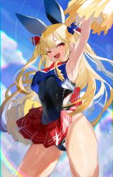 Rule 34 | 1girl, aano (10bit), armpits, arms up, black leotard, blonde hair, cheering, cheerleader, clothes lift, fang, hair ribbon, highres, leotard, long hair, open mouth, original, pointy ears, pom pom (cheerleading), rabbit tail, red eyes, ribbon, skirt, skirt lift, sleeveless, solo, sweat, tail, thighs, twintails