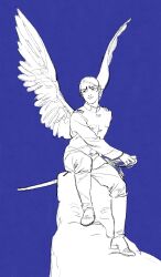 Rule 34 | 1boy, angel, angel wings, blue background, blue theme, boots, chengongzi123, closed mouth, commentary, english commentary, feathered wings, full body, golden kamuy, highres, holding, holding sword, holding weapon, jacket, koito otonoshin, long sleeves, looking to the side, male focus, military uniform, monochrome, nostrils, pants, partially colored, sheath, sheathed, short hair, simple background, sitting, spread wings, sword, uniform, very short hair, weapon, wings