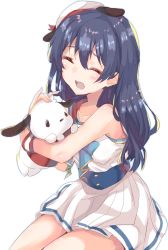 Rule 34 | 1girl, bad id, bad pixiv id, blue hair, closed eyes, commentary request, crossover, dog, hair between eyes, hat, highres, hug, long hair, love live!, love live! school idol festival, love live! school idol project, open mouth, pleated skirt, pochacco, sailor collar, sanrio, school uniform, serafuku, simple background, sitting, skirt, smile, sonoda umi, white skirt