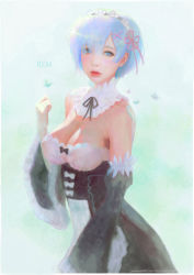 Rule 34 | 10s, 1girl, arm up, artist name, artstation username, black bow, black dress, black ribbon, blue eyes, blue hair, blush, bow, breasts, bug, butterfly, character name, collar, commentary request, detached collar, detached sleeves, dress, eyelashes, frills, hair ornament, hair over one eye, hair ribbon, highres, insect, large breasts, lips, long sleeves, looking at viewer, maid, maid headdress, neck ribbon, nose, parted lips, pink hair, pink ribbon, puffy lips, re:zero kara hajimeru isekai seikatsu, red lips, rem (re:zero), ribbon, ruoxin zhang, short hair, solo, watermark, web address, white collar, wide sleeves, x hair ornament