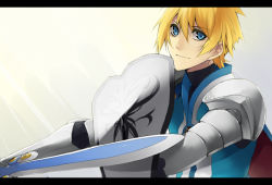 Rule 34 | 00s, 1boy, armor, bad id, bad pixiv id, blonde hair, blue eyes, flynn scifo, gradient background, letterboxed, male focus, shield, solo, sword, tales of (series), tales of vesperia, weapon, yue (returntobirth)
