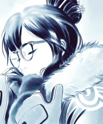 Rule 34 | 1girl, artist name, black-framed eyewear, blue theme, closed eyes, closed mouth, coat, eyelashes, fur-trimmed jacket, fur trim, glasses, gloves, hair bun, hair ornament, hair stick, hand to own mouth, jacket, long sleeves, luffie, mei (overwatch), monochrome, nose, overwatch, overwatch 1, parka, short hair, sidelocks, single hair bun, smile, snowflake hair ornament, solo, winter clothes, winter coat