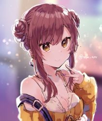 Rule 34 | 1girl, bare shoulders, blurry, blurry background, breasts, brown eyes, brown hair, cleavage, closed mouth, depth of field, double bun, fingernails, hand up, ikeuchi tanuma, looking at viewer, nail polish, off shoulder, original, osaki amana, purple nails, sidelocks, smile, solo, twitter username, upper body, v