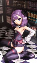 Rule 34 | 1girl, a00, armpits, bare shoulders, black thighhighs, book, checkered floor, detached sleeves, fate/grand order, fate (series), flat chest, helena blavatsky (fate), highres, looking at viewer, purple eyes, purple hair, sefirot, short hair, sitting, smile, solo, strapless, thighhighs, wariza