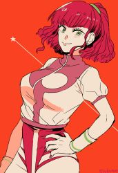 Rule 34 | 1980s (style), 1girl, breasts, closed mouth, earrings, green eyes, jewelry, jung freud, leotard, looking at viewer, medium breasts, nail polish, oldschool, ponytail, red hair, retro artstyle, simple background, smile, solo, top wo nerae!, wristband, yukataro