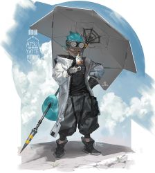 Rule 34 | 1boy, arknights, baggy pants, black gloves, blue hair, chameleon tail, eating, ethan (arknights), frischenq, gloves, goggles, goggles on head, ice cream cone, long coat, male focus, one eye closed, pants, parasol, pointy ears, romaji text, solo, tail, umbrella