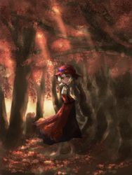 Rule 34 | 1girl, aki minoriko, arms behind back, autumn leaves, bad id, bad pixiv id, barefoot, blonde hair, dappled sunlight, dress, food, forest, fruit, grapes, hands in opposite sleeves, hat, highres, layered dress, light rays, looking at viewer, nature, outdoors, red eyes, short hair, smile, solo, sunbeam, sunlight, thkani, touhou