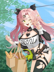 Rule 34 | 1girl, ;d, aqua nails, bag, baguette, bare shoulders, black jacket, black ribbon, black shorts, black thighhighs, blue nails, blue sky, bread, breasts, cleavage, commentary request, crop top, cropped jacket, day, food, hair ornament, hair ribbon, hairclip, hands up, highres, jacket, large breasts, long hair, long sleeves, looking at viewer, micro shorts, midriff, mole, mole on breast, muhui, nail polish, navel, nicole demara, one eye closed, open mouth, outdoors, pink hair, purple nails, ribbon, shopping bag, shorts, single thighhigh, sky, smile, solo, stomach, strapless, thighhighs, thighs, tube top, two side up, very long hair, yellow eyes, zenless zone zero